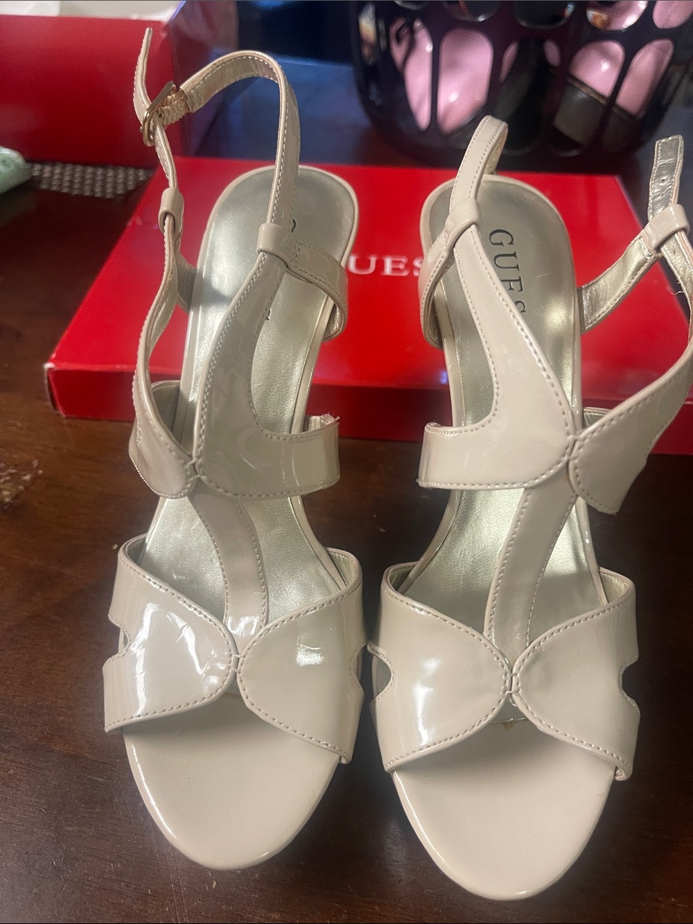 GUESS Nude Patent Leather T-Strap Slingback Heels